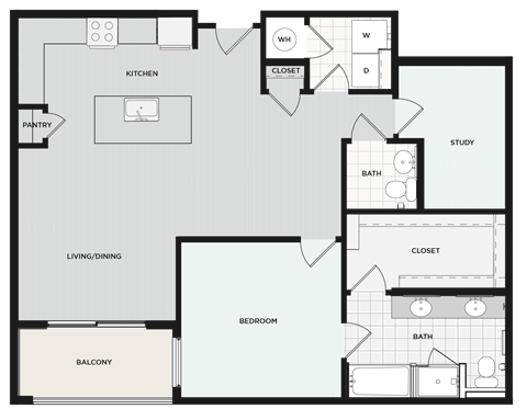 Floor plan for 1 bed, 1.5 baths, 1131 sqft